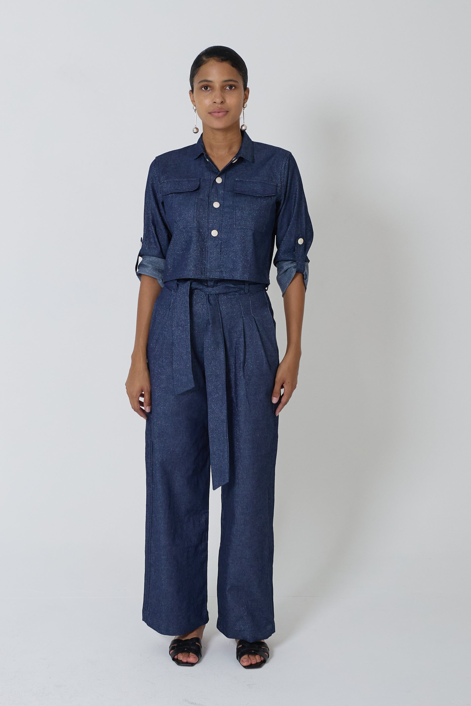 Long-Sleeve Button-Down Top and Pant Matching Set