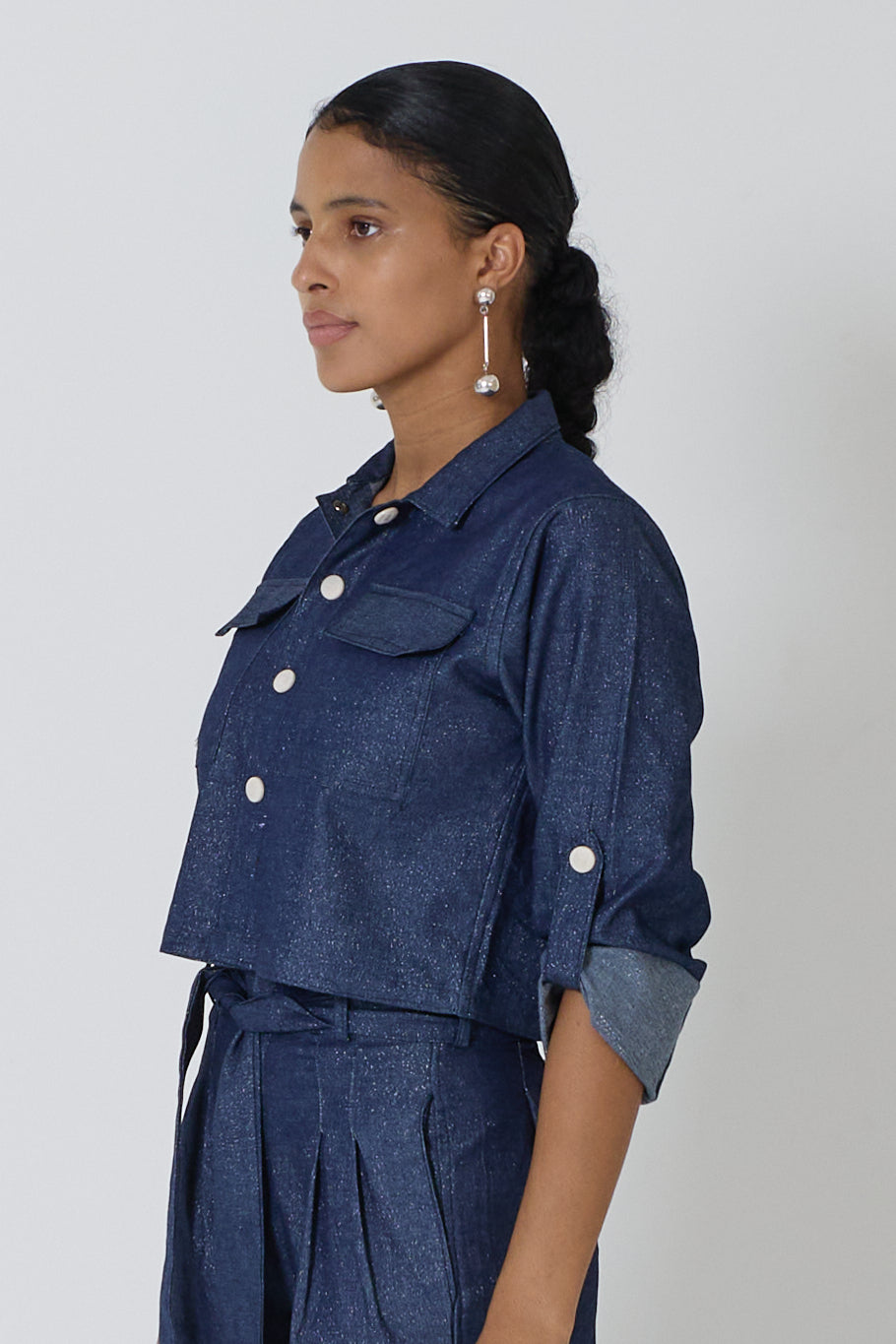 Foldable Long Sleeve Button-Down Top with Collar