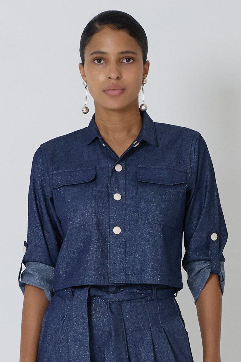 Foldable Long Sleeve Button-Down Top with Collar